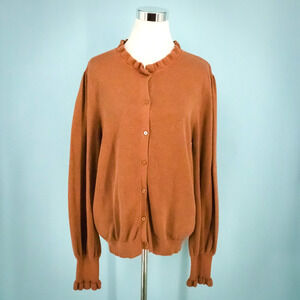 WYSE 5 Size 12 US Selena Rust Orange Shimmer Ruffle Neck Sleeve Button Front Dow